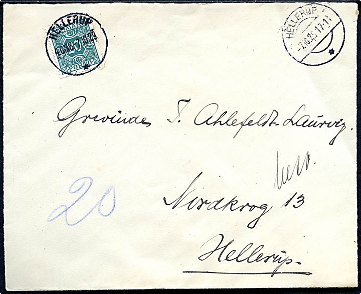 Ufrankeret lokalbrev med godt brotype IIc Hellerup * d. 7.10.1929. Udtakseret i porto med 20 øre Portomærke stemplet brotype IIIi Hellerup d. 7.10.1929.
