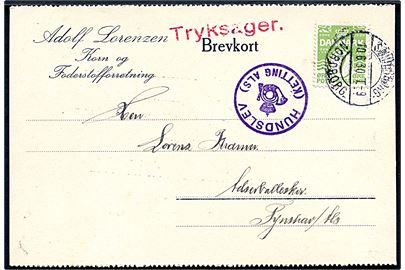 7 øre Bølgelinie på tryksag annulleret med bureaustempel Sønderborg - Nordborg T.9 d. 10.6.1930 og sidestemplet med posthornstempel HUNDSLEV (KETTING ALS) til Fynshav.