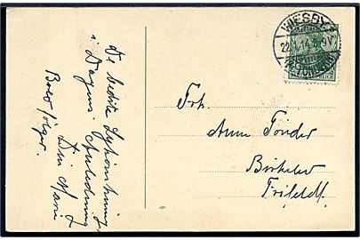 5 pfg. Germania på brevkort (Trøiborg) annulleret Wiesby (Kr. Tondern) d. 22.1.1914 til Frifeldt.