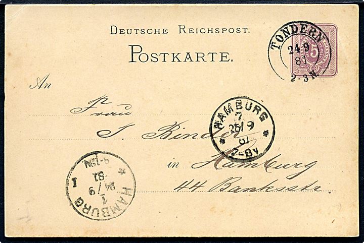 5 pfg. helsagsbrevkort annulleret med 2-ringsstempel Tondern d. 24.9.1881 til Hamburg.