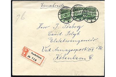5 pfg. og 5 mk. Fælles udg. på anbefalet brev fra Sonderburg **c d. 31.1.1920 til København, Danmark.