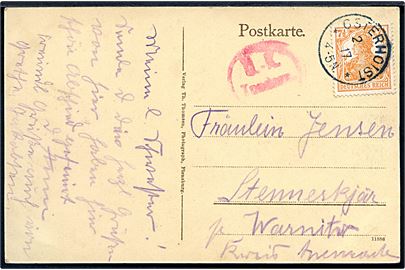 7½ pfg. Germania på brevkort (Wassersleben. Parti med kurhuse) stemplet Osterhoist d. 2.?.1917 til Warnitz. Rødt censurstempel Ü.-K. Tondern.