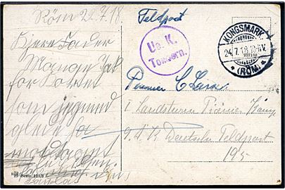 Ufrankeret feltpostkort stemplet Kongsmark *(Röm)* d. 24.7.1918 til soldat ved feldpost 195. Violet censurstempel Ue. K. Tondern.