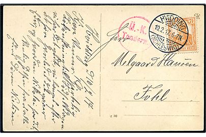 7½ pfg. Germania på brevkort (Moders Rost er den Spædes Fryd tegnet af Ag. S.)  stemplet Hvidding (Schleswig) d. 10.2.1917 til Fohl. Rødt censurstempel Ü.-K. Tondern.