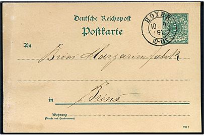 5 pfg. helsagsbrevkort annulleret med 2-ringsstempel Hoyer d. 10.9.1891 til Brøns.