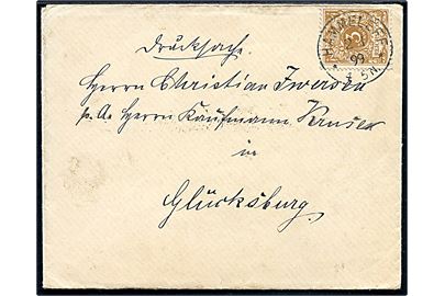 3 pfg. Ciffer på tryksag med indhold annulleret med 1-ringsstempel Hammeleff d. 2.1.1899 til Glücksburg.