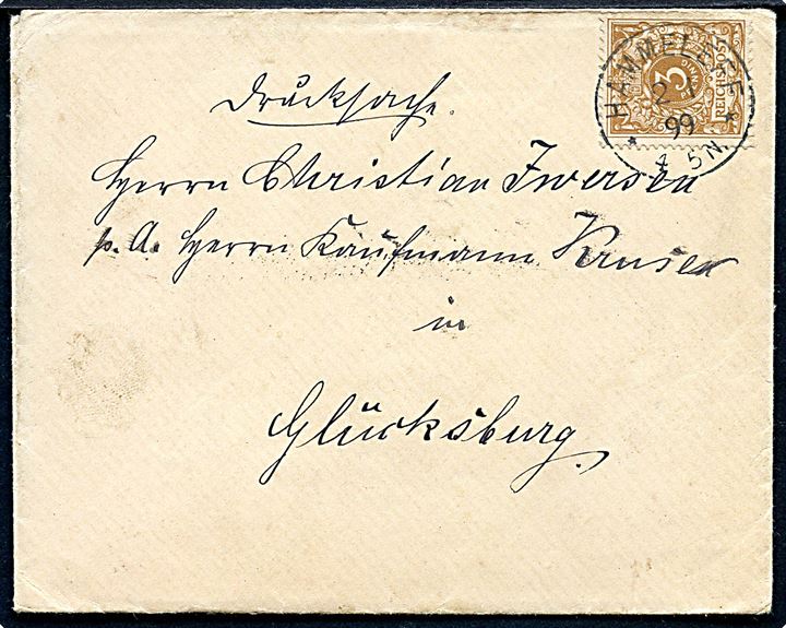 3 pfg. Ciffer på tryksag med indhold annulleret med 1-ringsstempel Hammeleff d. 2.1.1899 til Glücksburg.