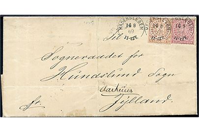 NDP ½ gr. og 1 gr. på brev annulleret Hadersleben d. 14.8.1869 via Horsens til Hundslund sogn pr. Aarhus. Særtakst til Danmark.