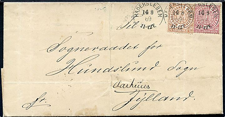 NDP ½ gr. og 1 gr. på brev annulleret Hadersleben d. 14.8.1869 via Horsens til Hundslund sogn pr. Aarhus. Særtakst til Danmark.