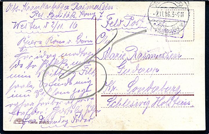 Ufrankeret feltpostkort stemplet K.D.Feldpostexp. 13. Res. Div. d. 2.11.1916 til Guderup, Kr. Sonderburg.