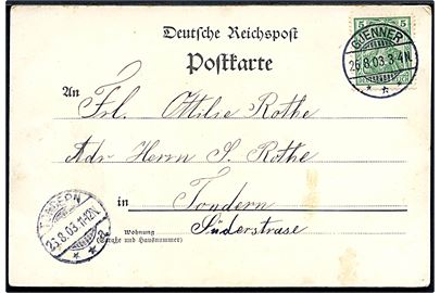 5 pfg. Germania på brevkort stemplet Gjenner *** d. 26.8.1903 til Tondern.
