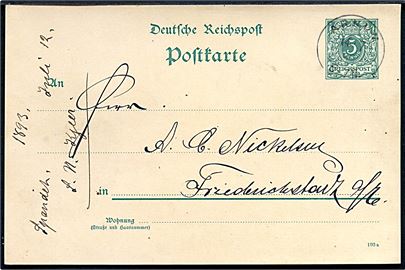 5 pfg. helsagsbrevkort stemplet Arnum d. 14.7.1893 til Friedrichstadt.