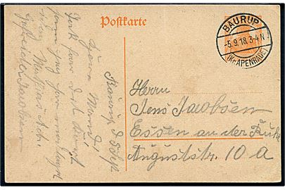 7½ pfg. helsagsbrevkort stemplet Baurup (Kr. Apenrade) d. 5.9.1918 til Essen.
