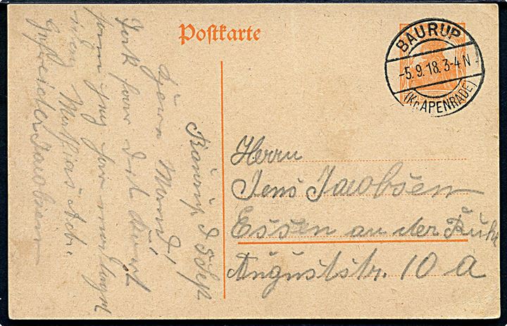 7½ pfg. helsagsbrevkort stemplet Baurup (Kr. Apenrade) d. 5.9.1918 til Essen.
