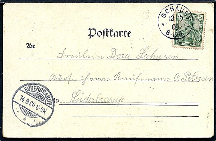 5 pfg. Germania på brevkort (Sønderborg, mindesmærke for faldne danske, svenske og nordmænd i kampen for Danmark 1848 annulleret med 1-ringsstempel Schauby d. 13.9.1900 til Süderbrarup.