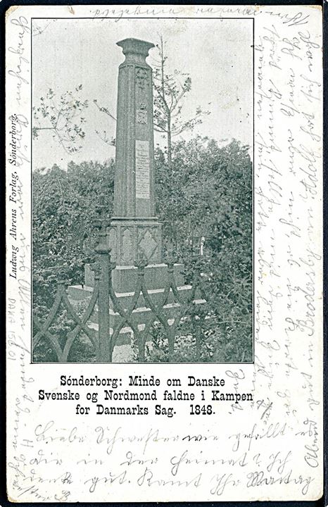5 pfg. Germania på brevkort (Sønderborg, mindesmærke for faldne danske, svenske og nordmænd i kampen for Danmark 1848 annulleret med 1-ringsstempel Schauby d. 13.9.1900 til Süderbrarup.