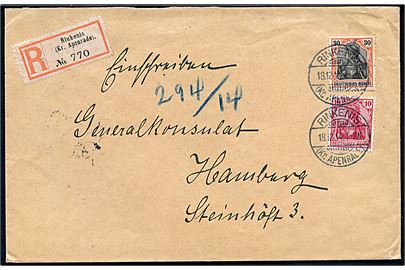10 pfg. og 30 pfg. Germania på anbefalet brev stemplet Rinkenis (Kr. Apenrade) d. 18.12.1914 til det danske Generalkonsulat i Hamburg.