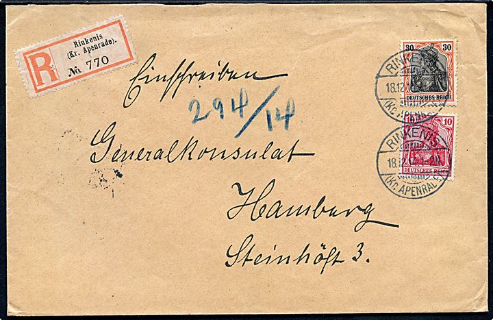 10 pfg. og 30 pfg. Germania på anbefalet brev stemplet Rinkenis (Kr. Apenrade) d. 18.12.1914 til det danske Generalkonsulat i Hamburg.