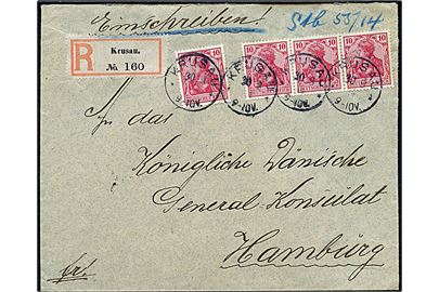 10 pfg. Germania (4) på anbefalet brev stemplet Krausau d. 30.8.1914 til det danske generalkonsulat i Hamburg.