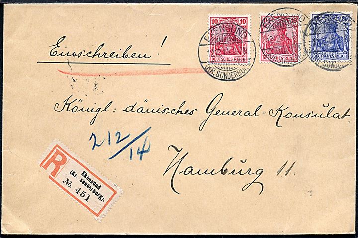 10 pfg. (2) og 20 pfg. Germania på anbefalet brev stemplet Ekensund (Kr. Sonderburg) d. 12.12.1914 til det danske generalkonsulat i Hamburg.