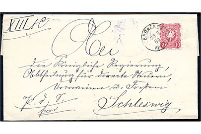 10 pfg. Adler på brev annulleret med 1-ringsstempel Broacker d. 28.3.1889 til Schleswig.
