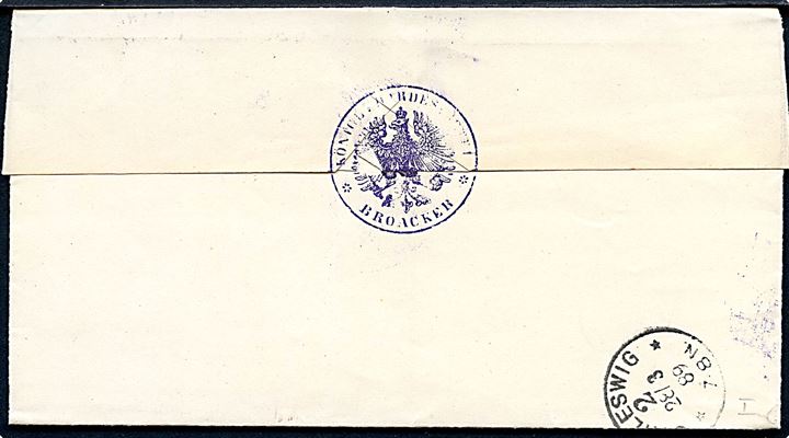 10 pfg. Adler på brev annulleret med 1-ringsstempel Broacker d. 28.3.1889 til Schleswig.