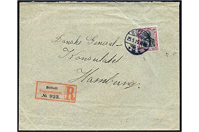 40 pfg. Germania single på anbefalet brev stemplet Beftoft d. 25.5.1915 til danske generalkonsulat i Hamburg.