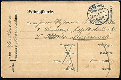 Ufrankeret fortrykt feltpostkort stemplet Aarösund d. 27.11.1914 til militæradresse.