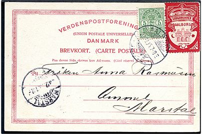 5 øre Våbentype og Aalborg Understøttelsesforening Julemærke 1905 på brevkort stemplet Aalborg JB.P.E. d. 22.12.1905 til Marstal på Ærø.