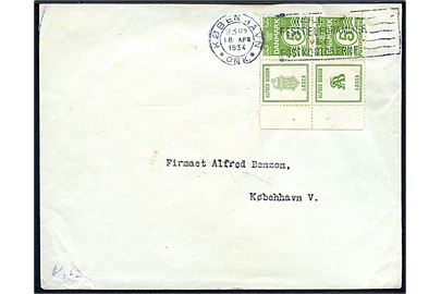 5 øre Bølgelinie og Alfred Benzon Sæber Reklamemærker i sammentrykt fireblok på brev fra repræsentant for Alfred Benzon sendt lokalt i København d. 18.4.1934.