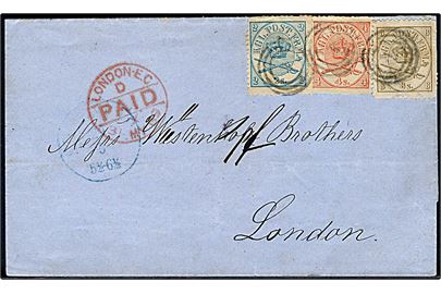 2 sk., 4 sk. og 8 sk. Krone/Scepter på pænt 14 sk. frankeret brev annulleret med nr.stempel 1 og sidestemplet Kiøbenhavn d. 29.5.1869 til London, England.