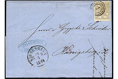 8 sk. Krone/Scepter single på brev annulleret med nr.stempel 1 og sidestemplet Kiøbenhavn d. 30.9.1869 via bureau Kiel - Hamburg til Königsberg, Preussen. 
