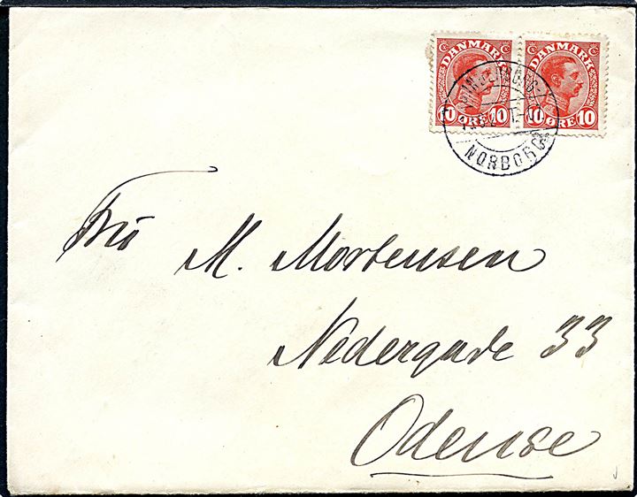 10 øre Chr. X i parstykke på brev annulleret med bureaustempel Sønderborg - Nørborg sn2 T.07 d. 18.6.1921 til Odense.