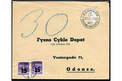 Brev med afrevet frimærke stemplet Danmark * Det Rullende Postkontor * d. 29.8.1936 til Odense. Udtakseret i porto med 15/12 øre Portoprovisorium (2) stemplet Odense. Det rullende Postkontor var opstillet i Hornslet d. 29.8.1936.