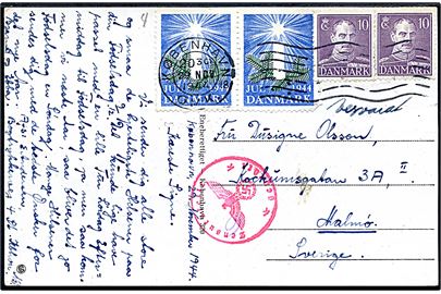 10 øre Chr. X (2) og Julemærke 1944 i parstykke på brevkort (Skibe ved Kvæsthusbroen, København) fra København d. 29.11.1944 til Malmö, Sverige. Sønderborg censur.