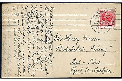 10 øre Fr. VIII på brevkort fra Esbjerg d. 25.2.1909 til elev ombord på skoleskibet Viking i Port Pirie, South Australia. God destination.