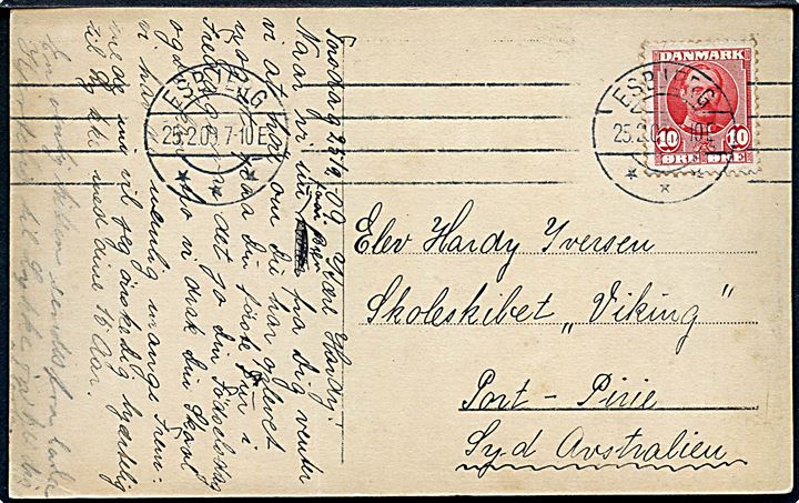 10 øre Fr. VIII på brevkort fra Esbjerg d. 25.2.1909 til elev ombord på skoleskibet Viking i Port Pirie, South Australia. God destination.