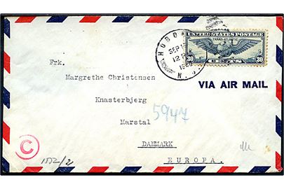 30 cents Winged Globe på luftpostbrev stemplet Hoboken d. 19.9.1940 til Marstal, Danmark. Sendt fra sømand ombord på det oplagte DFDS skib M/S Tunis. Åbnet af tysk censur.