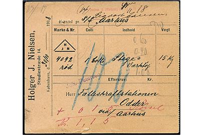 Fragtbrev for gods sendt med dampskibet S/S Aarhus fra København d. 30.10.1918 via Aarhus til Odder. På bagsiden ovalt jernbanestempel Odder H.H.J. (Hads-Ning Herreders Jernban) d. 1.11.1918.