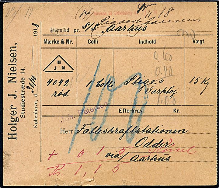 Fragtbrev for gods sendt med dampskibet S/S Aarhus fra København d. 30.10.1918 via Aarhus til Odder. På bagsiden ovalt jernbanestempel Odder H.H.J. (Hads-Ning Herreders Jernban) d. 1.11.1918.