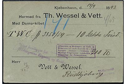 Fragtbrev for gods fra firma Th. Wessel & Vett i Kjøbenhavn sendt med dampskib til fra Kjøbenhavn d. 14.9.1893 til Vett & Wessel i Rudkjøbing på Langeland.