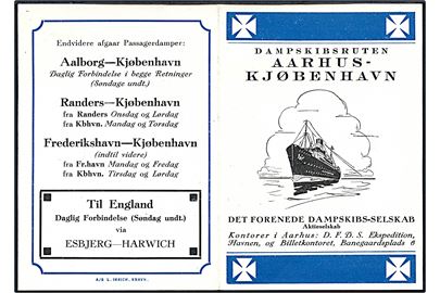 DFDS. Dampskibsrtuen Aarhus - Kjøbenhavn lille illustreret fartplan.
