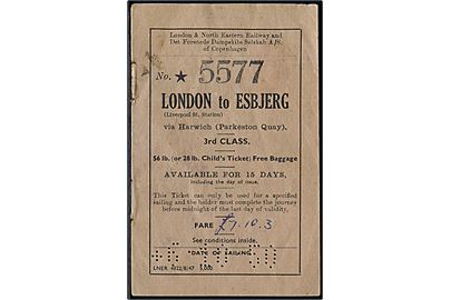 Tog og Færgebillet for rejse fra London til Esbjerg d. 6.10.1950.