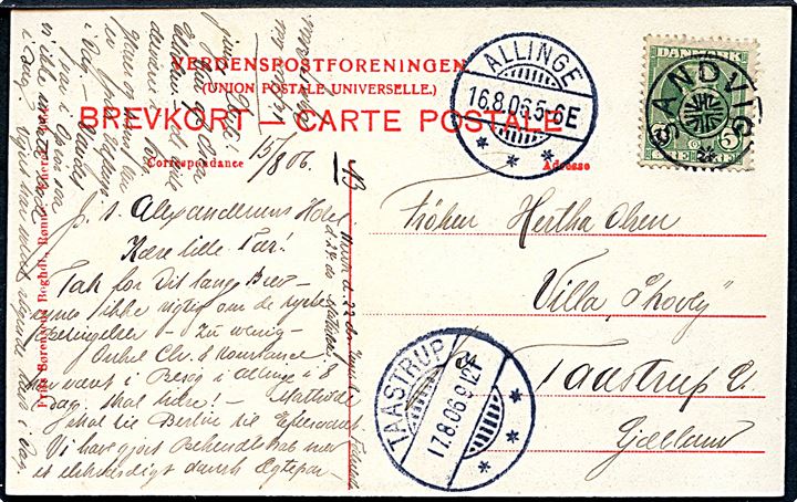 5 øre Chr. IX på brevkort (Stormflod ved Allinge) annulleret med stjernestempel SANDVIG og sidestemplet Allinge d. 16.8.1906 til Taastrup.
