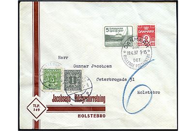 2 øre Bølgelinie og 5 øre Regentjubilæum på underkendt lokal tryksag annulleret med særstempel Danmark * Det rullende Postkontor * d. 19.6.1937 til Holstebro. Udtakseret i porto med 1 øre og 5 øre Portomærke stemplet Holstebro d. 20.6.1937. Det rullende postkontor var opstillet i Holstebro d. 19.6.1937 i forbindelse med dyreskue.