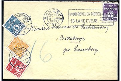7 øre Bølgelinie på underfrankeret brev fra Randers d. 11.1.1939 til Laurbjerg. Udtakseret i 16 øre porto med 2 øre, 4 øre Bølgelinie anvendt som portomærke og 10 øre Portomærke stemplet Laurbjerg d. 12.2.1939.