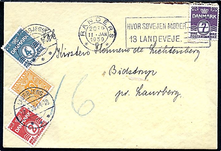 7 øre Bølgelinie på underfrankeret brev fra Randers d. 11.1.1939 til Laurbjerg. Udtakseret i 16 øre porto med 2 øre, 4 øre Bølgelinie anvendt som portomærke og 10 øre Portomærke stemplet Laurbjerg d. 12.2.1939.