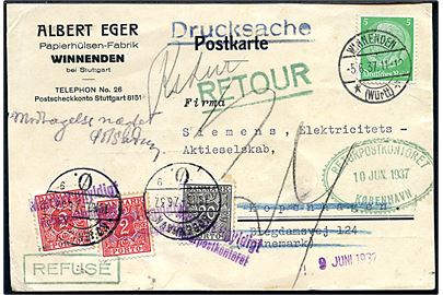 Tysk 5 pfg. Hindenburg på underfrankeret tryksag fra Winnenden d. 5.6.1937 til København, Danmark. Udtakseret i 24 øre porto med 2 øre (2) og 20 øre Portomærke stemplet København d. 7.6.1937. Retur som modtagelse nægtet via returpostkontoret med portomærker annulleret Mærket ugyldigt / Returpostkontoret.