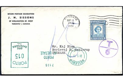 Newfoundland 4 cents Elizabeth på underfrankeret brev fra Toronto d. 11.5.1951 til Hellerup, Danmark. Udtakseret i 15 øre porto med grønt portomaskinstempel i Hellerup d. 30.5.1951.