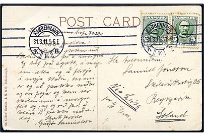 5 øre Fr. VIII (2) på brevkort fra Kjøbenhavn d. 31.3.1911 til Reykjavik, Island. Påskrevet: via Leith pr. S/S Ceres.